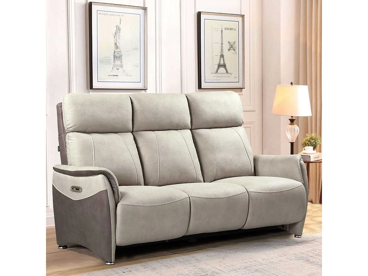 Canapé 3 places relax électrique tissu micro peau brun taupe et beige mastic avec tablette centrale - SANGY