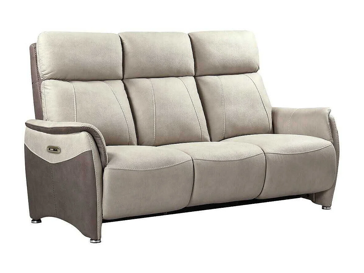 Canapé 3 places relax électrique tissu micro peau brun taupe et beige mastic avec tablette centrale - SANGY