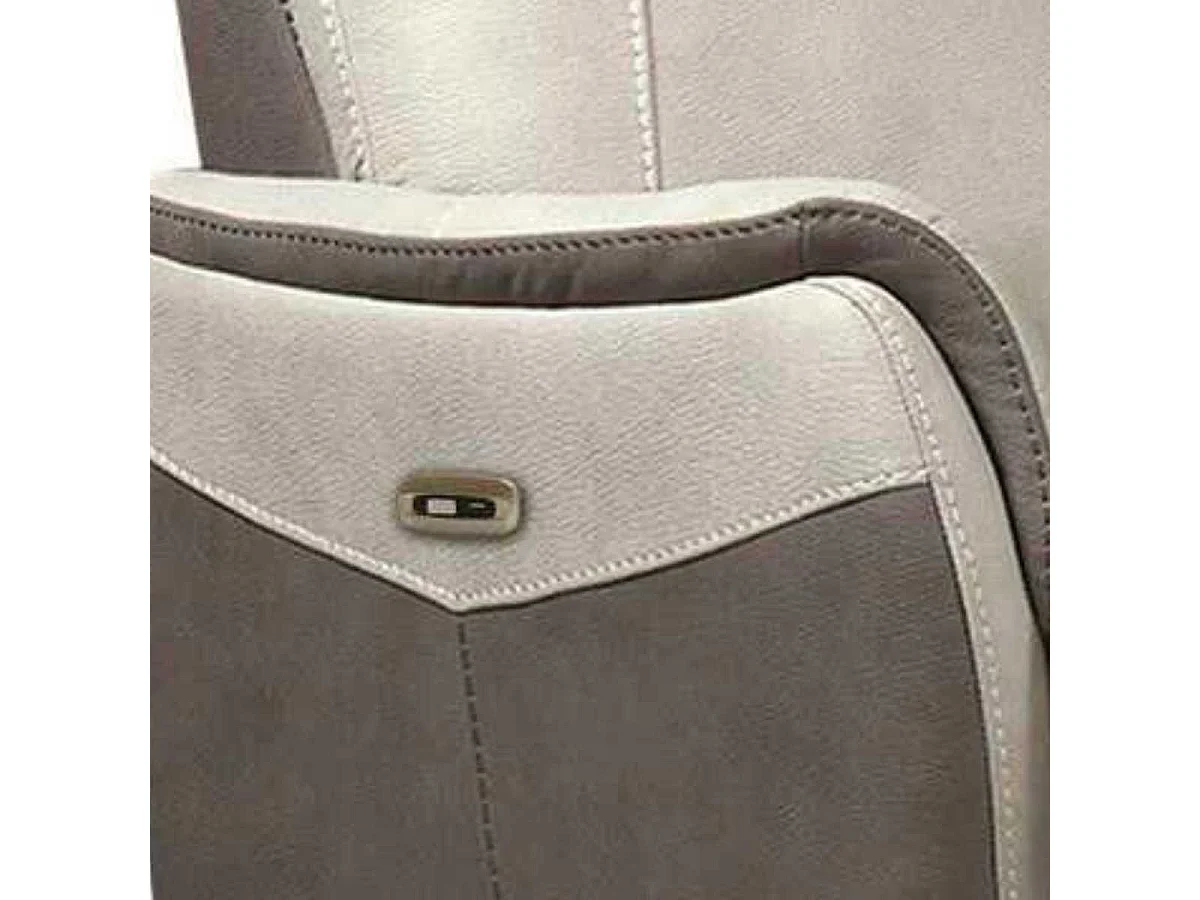 Canapé 3 places relax électrique tissu micro peau brun taupe et beige mastic avec tablette centrale - SANGY