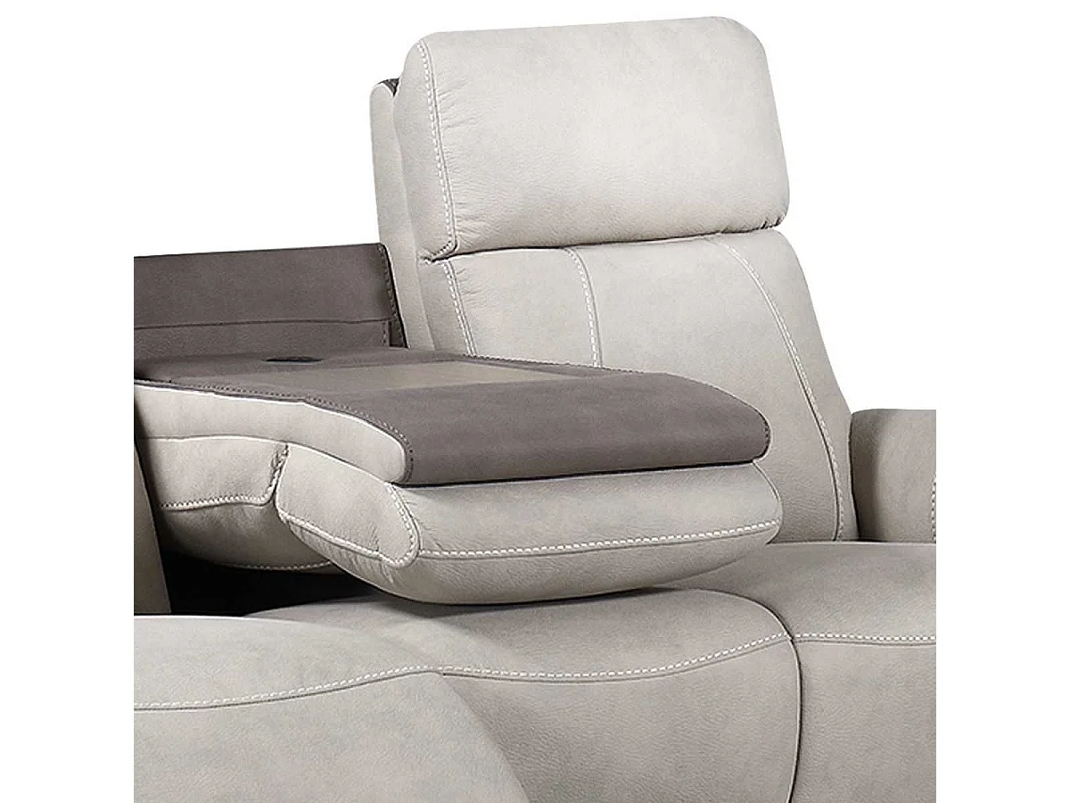 Canapé 3 places relax électrique tissu micro peau brun taupe et beige mastic avec tablette centrale - SANGY