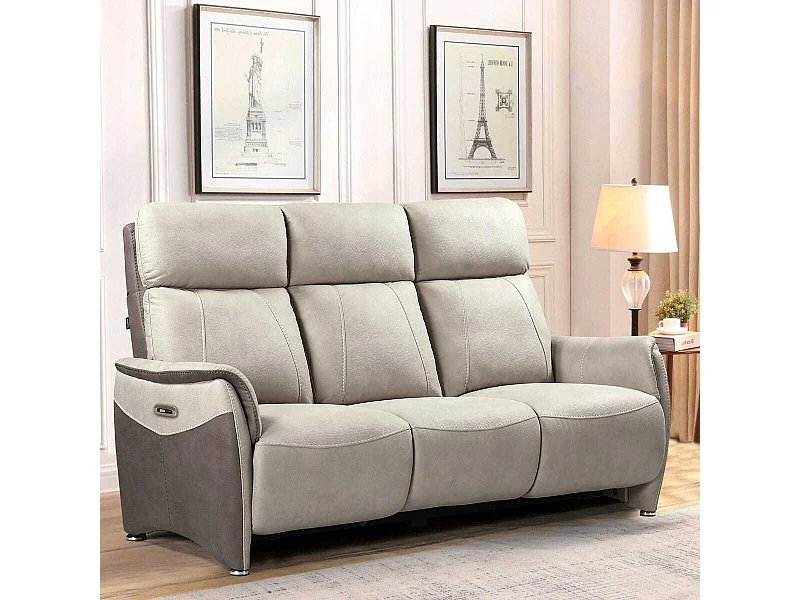 Canapé 3 places relax électrique tissu micro peau brun taupe et beige mastic avec tablette centrale - SANGY