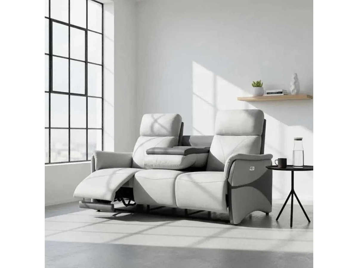 Canapé 3 places relax électrique tissu micro peau bicolore gris avec tablette centrale - SYMPHONY