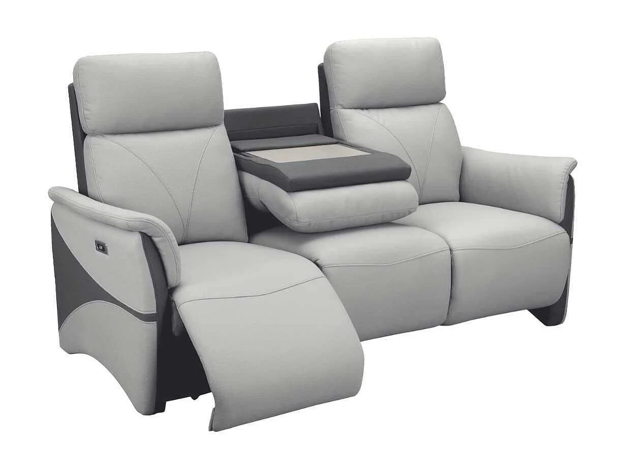 Canapé 3 places relax électrique tissu micro peau bicolore gris avec tablette centrale - SYMPHONY