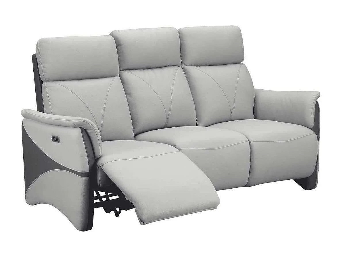 Canapé 3 places relax électrique tissu micro peau bicolore gris avec tablette centrale - SYMPHONY