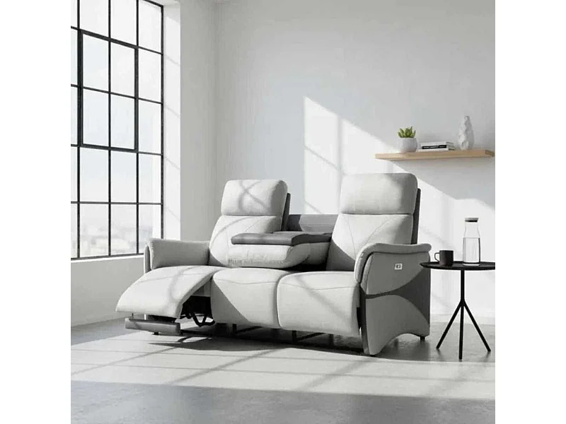 Canapé 3 places relax électrique tissu micro peau bicolore gris avec tablette centrale - SYMPHONY