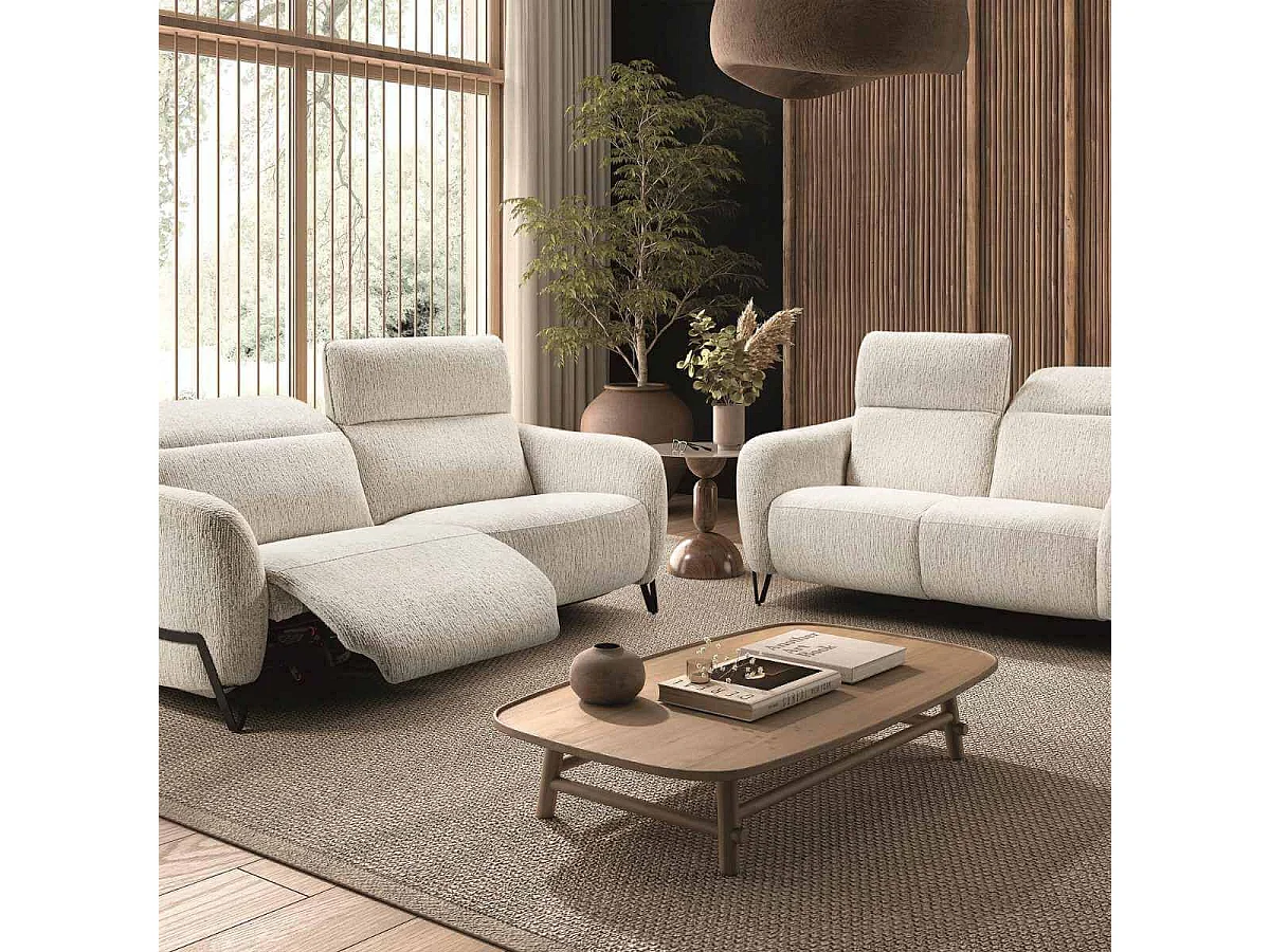 Ensemble Canapé relax électrique + canapé fixe tissu polyester beige - AMSTEN