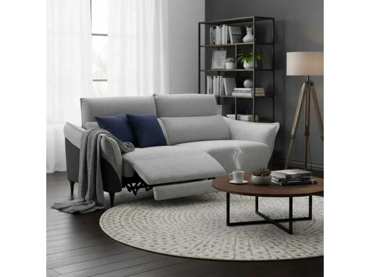 Canapé 3 places relax électrique tissu chenillé bicolore gris et gris carbone - AKENIA