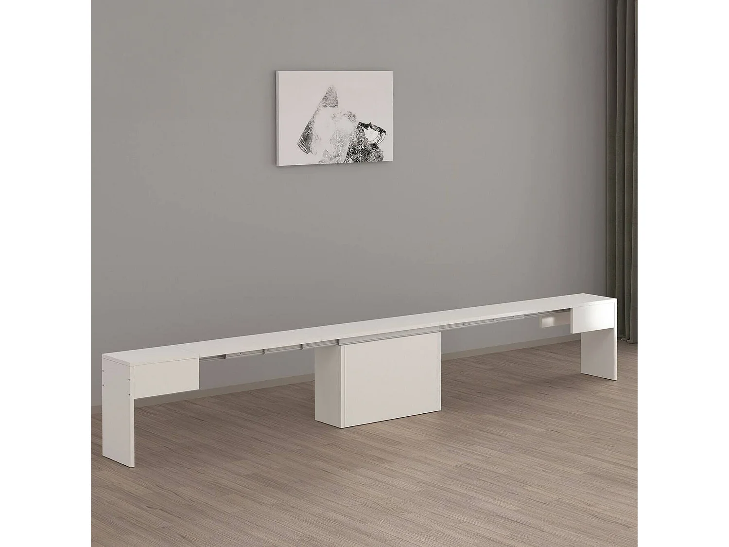 Banc Dollocol, Siège pour table à manger, Banc simple extensible, 290x25h45 cm, Blanc brillant