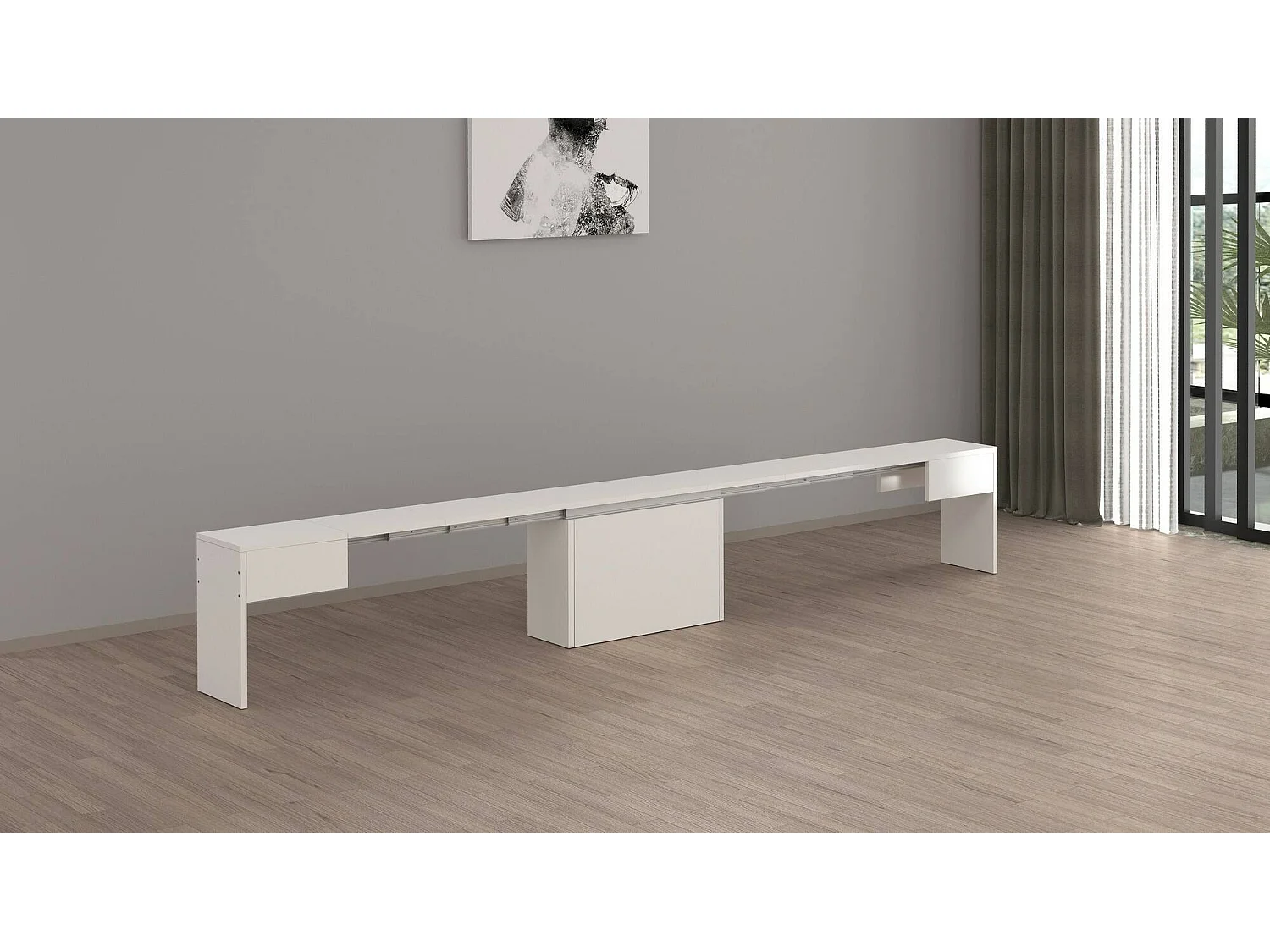 Banc Dollocol, Siège pour table à manger, Banc simple extensible, 290x25h45 cm, Blanc brillant