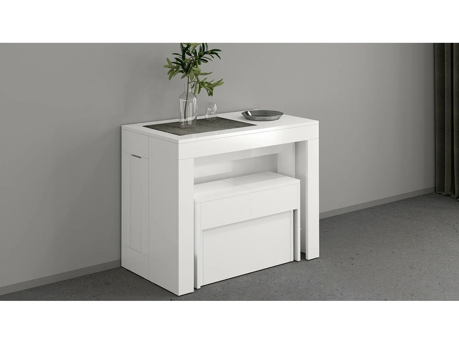 Banc Dollocol, Siège pour table à manger, Banc simple extensible, 290x25h45 cm, Blanc brillant