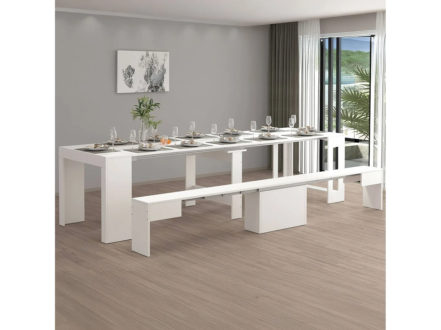 Banc Dollocol, Siège pour table à manger, Banc simple extensible, 290x25h45 cm, Blanc brillant