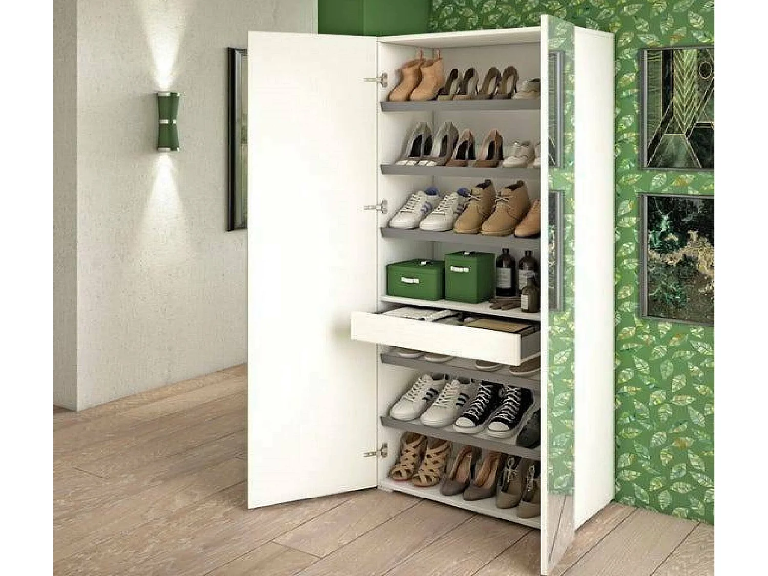 Étagère à chauure Dminiat, meuble d'entrée polyvalent avec porte miroir, meuble à chauure moderne avec 6 étagère, 100% Made in Italy, 72x37h195 cm, Blanc et Ciment