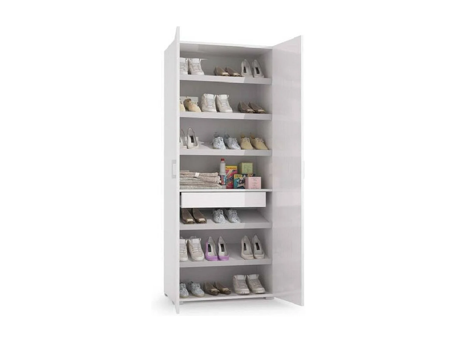 Étagère à chauure Dminiat, meuble d'entrée polyvalent avec porte miroir, meuble à chauure moderne avec 6 étagère, 100% Made in Italy, 72x37h195 cm, Blanc et Ciment