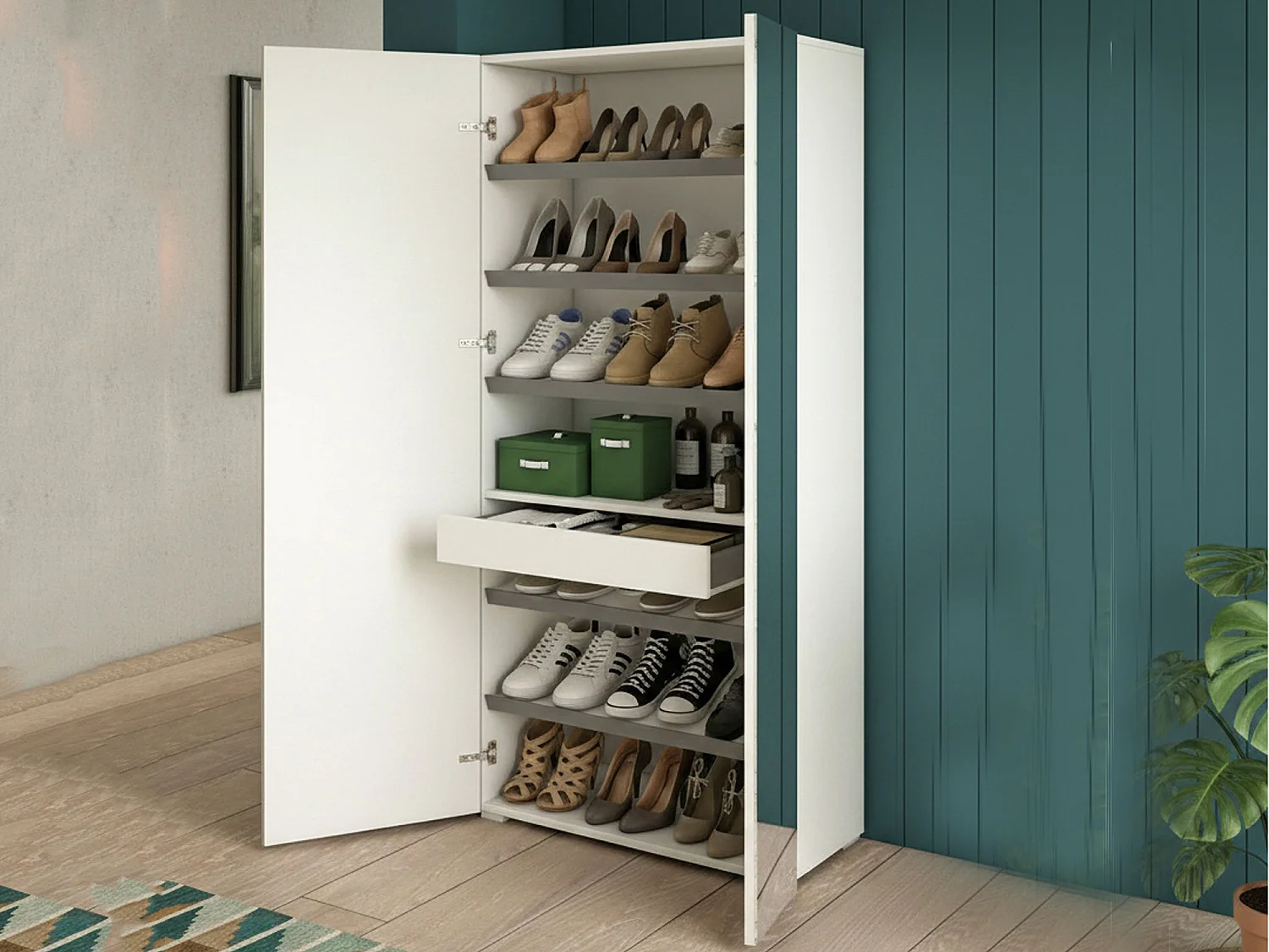 Étagère à chauure Dminiat, meuble d'entrée polyvalent avec porte miroir, meuble à chauure moderne avec 6 étagère, 100% Made in Italy, 72x37h195 cm, Blanc et Ciment