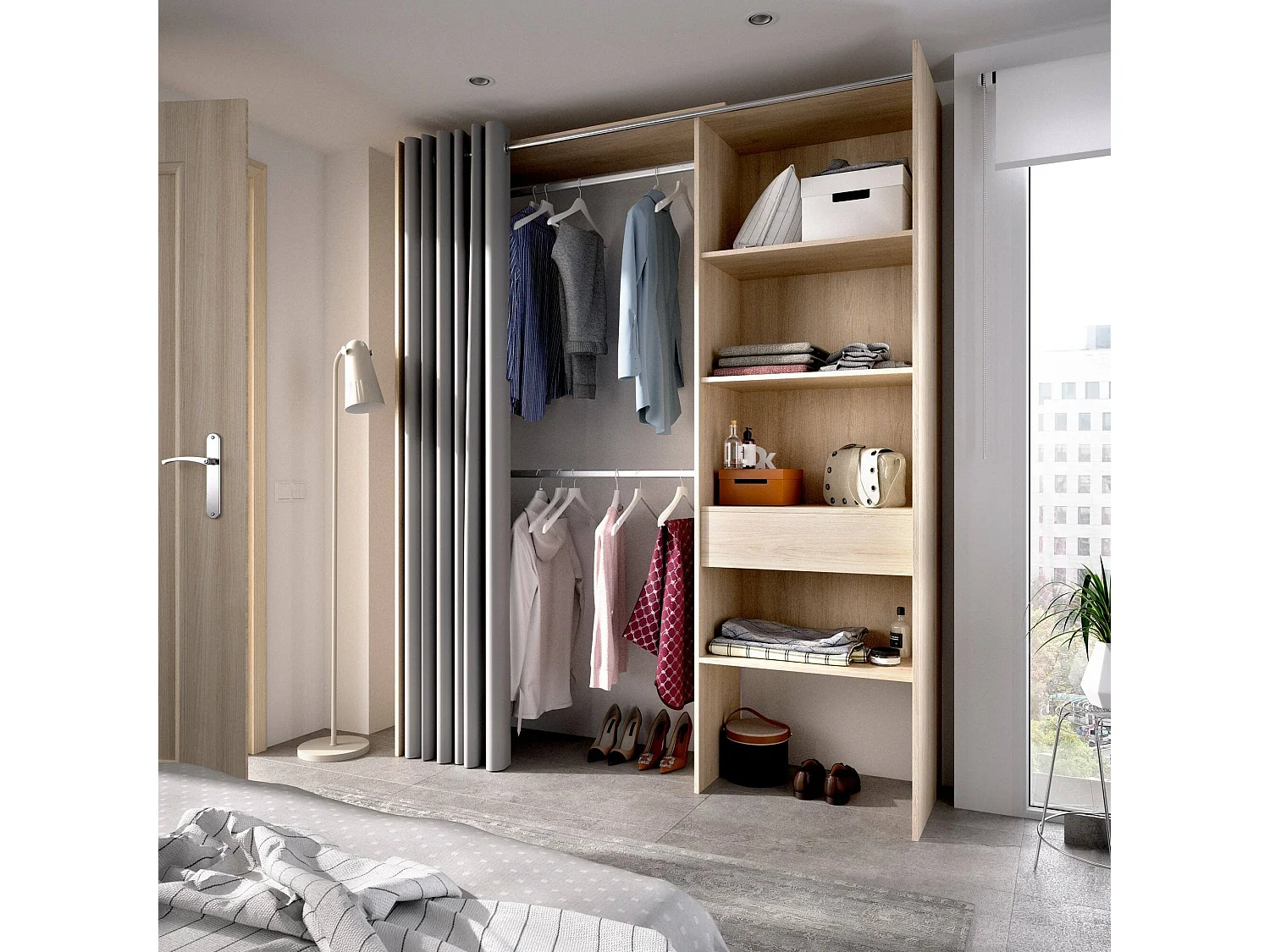 Kleiderschrank Dober, Rahmen für begehbaren Kleiderschrank mit Vorhang, Offene Garderobe, 160x50h205 cm, Eiche