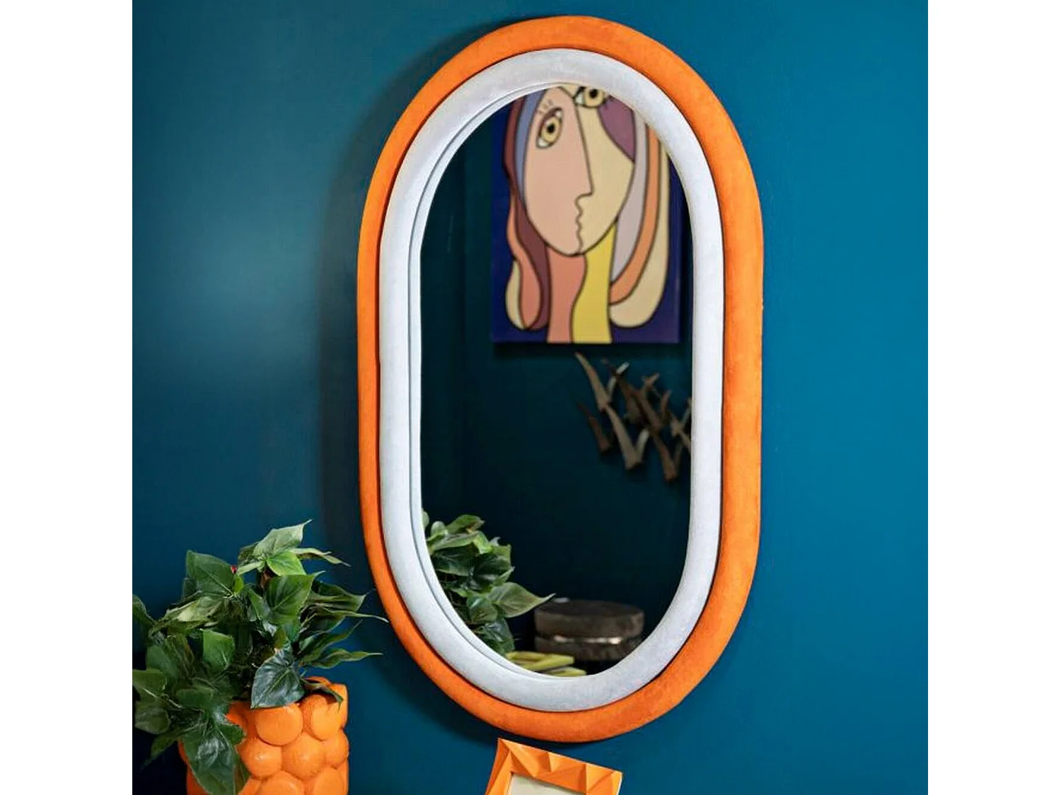 Miroir Marinetti, Verre miroité, Objet d'ameublement mural, Décoration avec miroir, 60x4 h90 cm, Orange et Gris