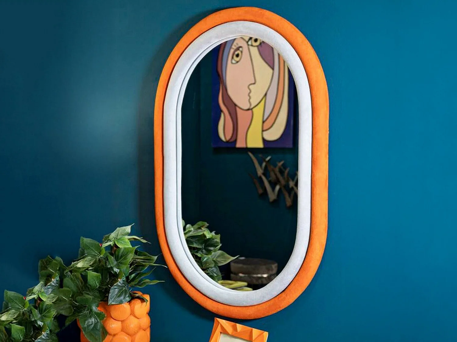 Miroir Marinetti, Verre miroité, Objet d'ameublement mural, Décoration avec miroir, 60x4 h90 cm, Orange et Gris