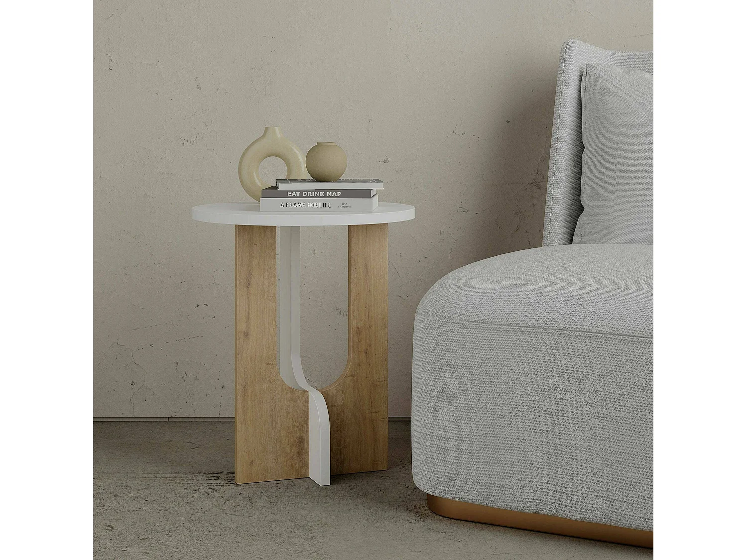 Dpa-safontafel, koffietafeltafel, bankrek, woonkamerplank, 40x40h47 cm, wit en eiken