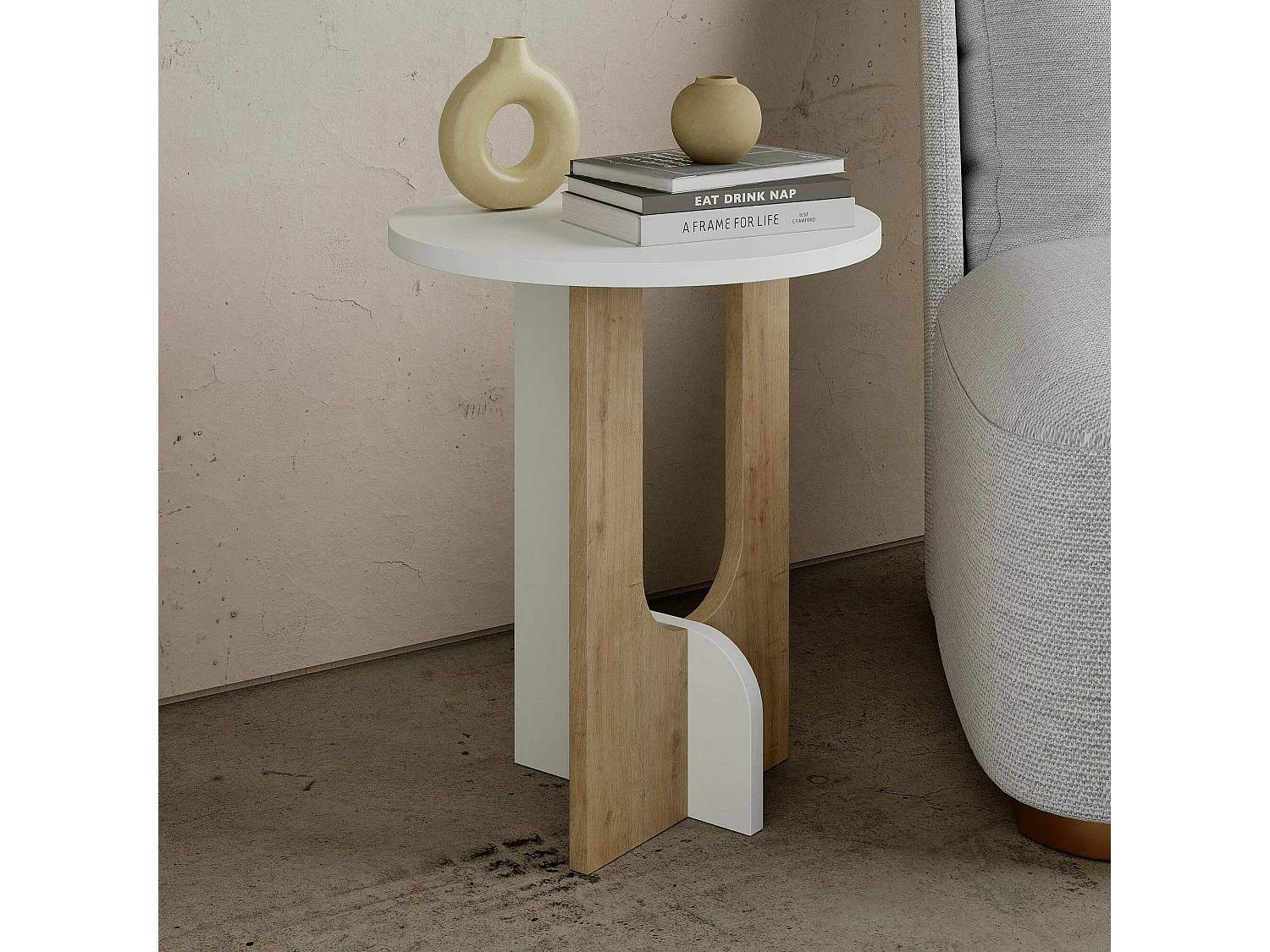 Dpa-safontafel, koffietafeltafel, bankrek, woonkamerplank, 40x40h47 cm, wit en eiken