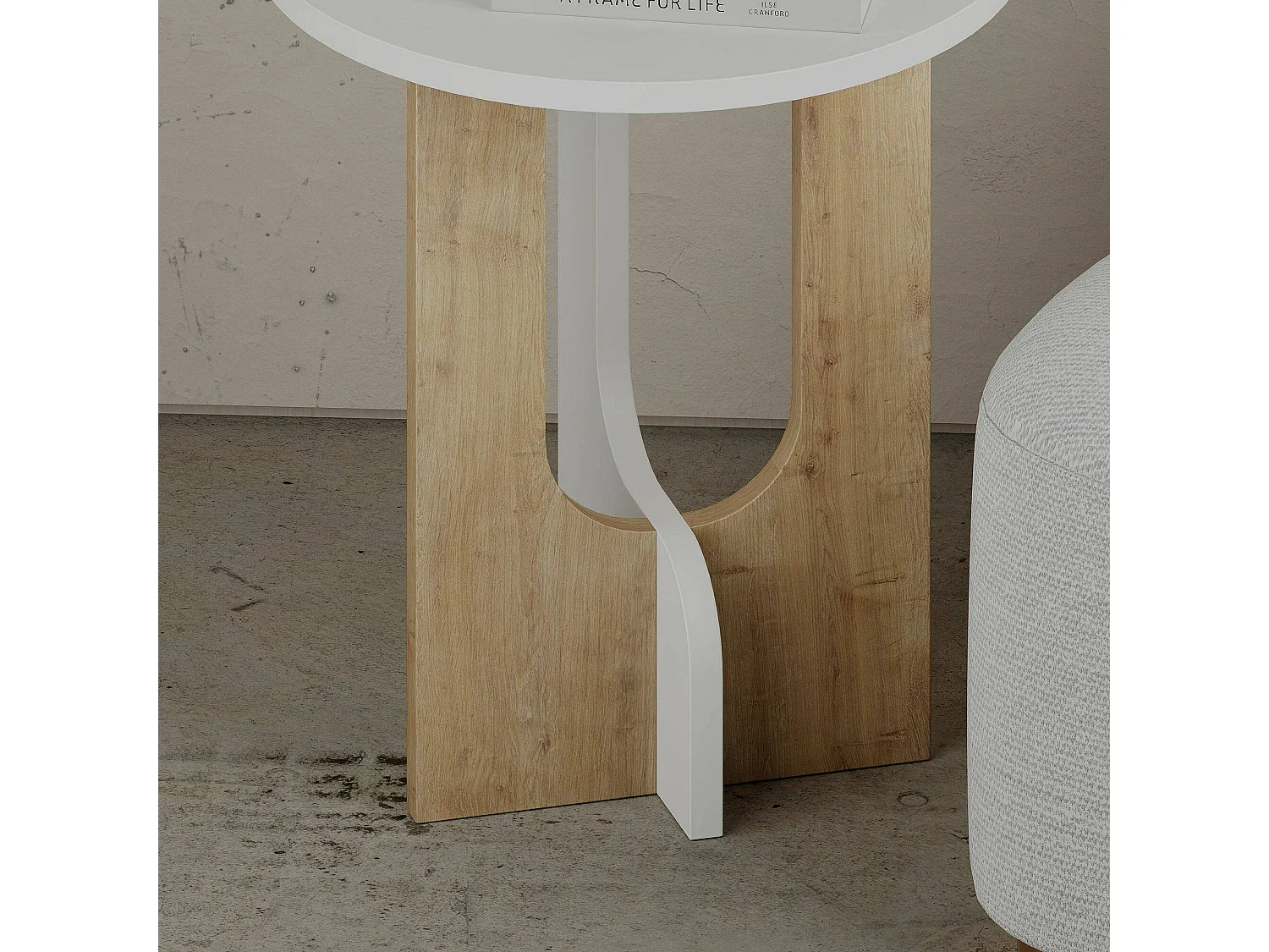 Dpa-safontafel, koffietafeltafel, bankrek, woonkamerplank, 40x40h47 cm, wit en eiken