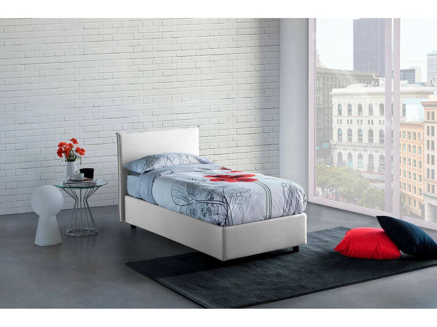 Lit simple Dbaston, Lit coffre avec revêtement en tissu, 100% Made in Italy, Ouverture frontale, avec matelas 90x200 cm inclus, Blanc
