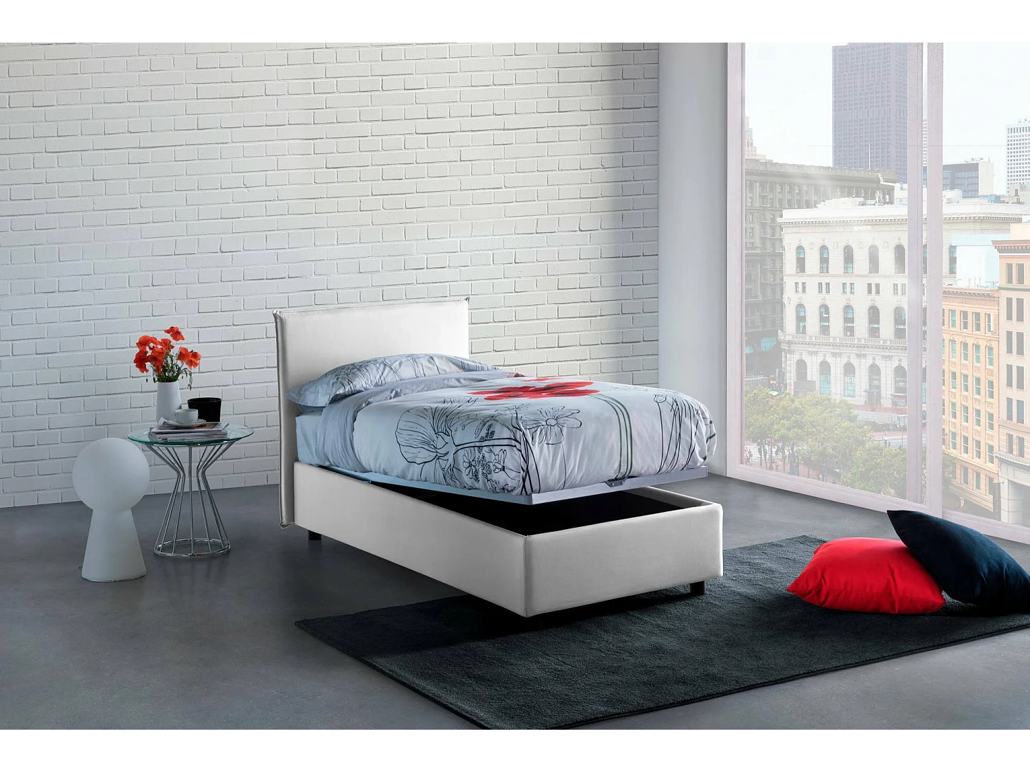 Lit simple Dbaston, Lit coffre avec revêtement en tissu, 100% Made in Italy, Ouverture frontale, avec matelas 90x200 cm inclus, Blanc