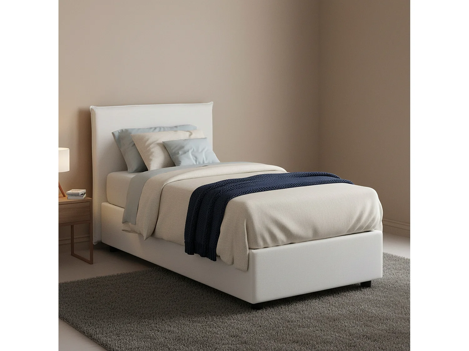 Lit simple Dbaston, Lit coffre avec revêtement en tissu, 100% Made in Italy, Ouverture frontale, avec matelas 90x200 cm inclus, Blanc
