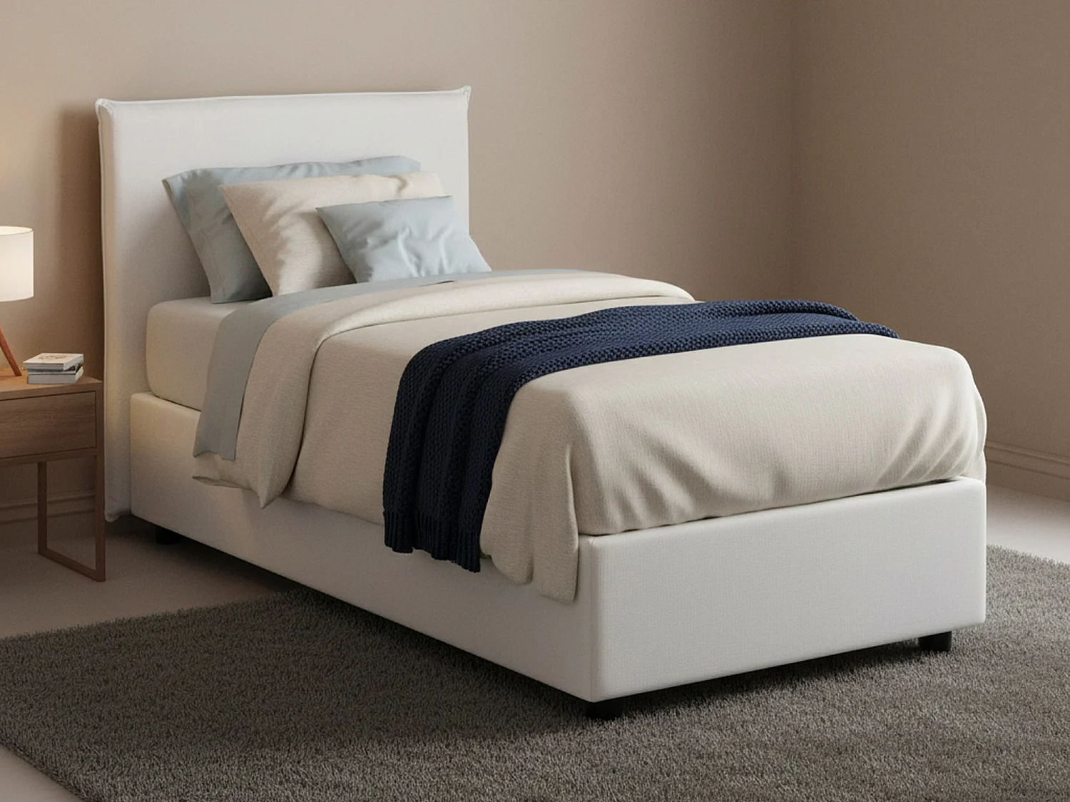 Lit simple Dbaston, Lit coffre avec revêtement en tissu, 100% Made in Italy, Ouverture frontale, avec matelas 90x200 cm inclus, Blanc