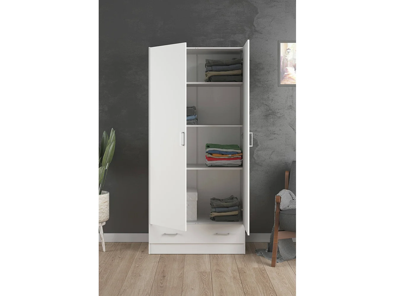 Garde-robe 2 portes Amylya, Meubles de chambre, Penderie de plain-pied, Placard à vêtements, 79x36 h170 cm, Blanc