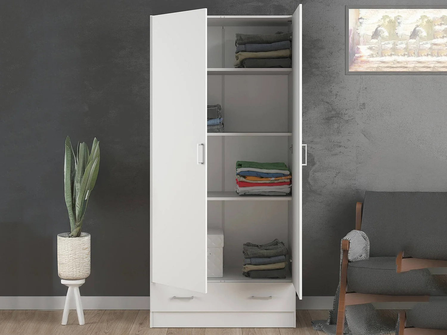 Garde-robe 2 portes Amylya, Meubles de chambre, Penderie de plain-pied, Placard à vêtements, 79x36 h170 cm, Blanc