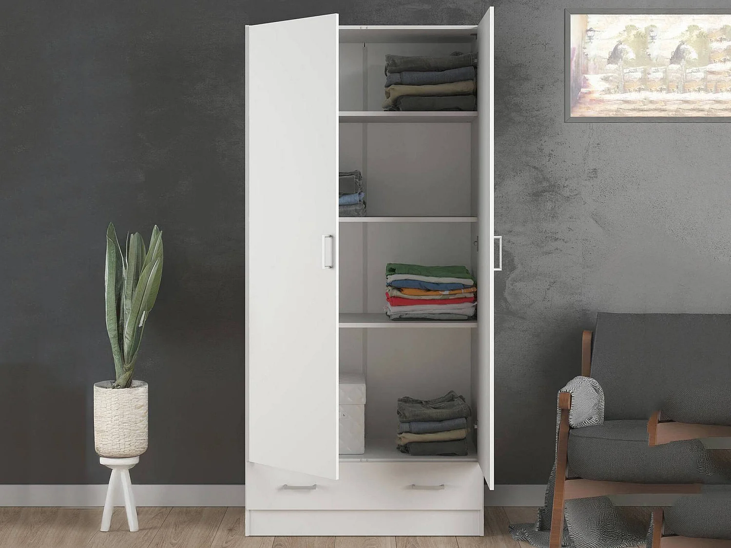 Garde-robe 2 portes Amylya, Meubles de chambre, Penderie de plain-pied, Placard à vêtements, 79x36 h170 cm, Blanc