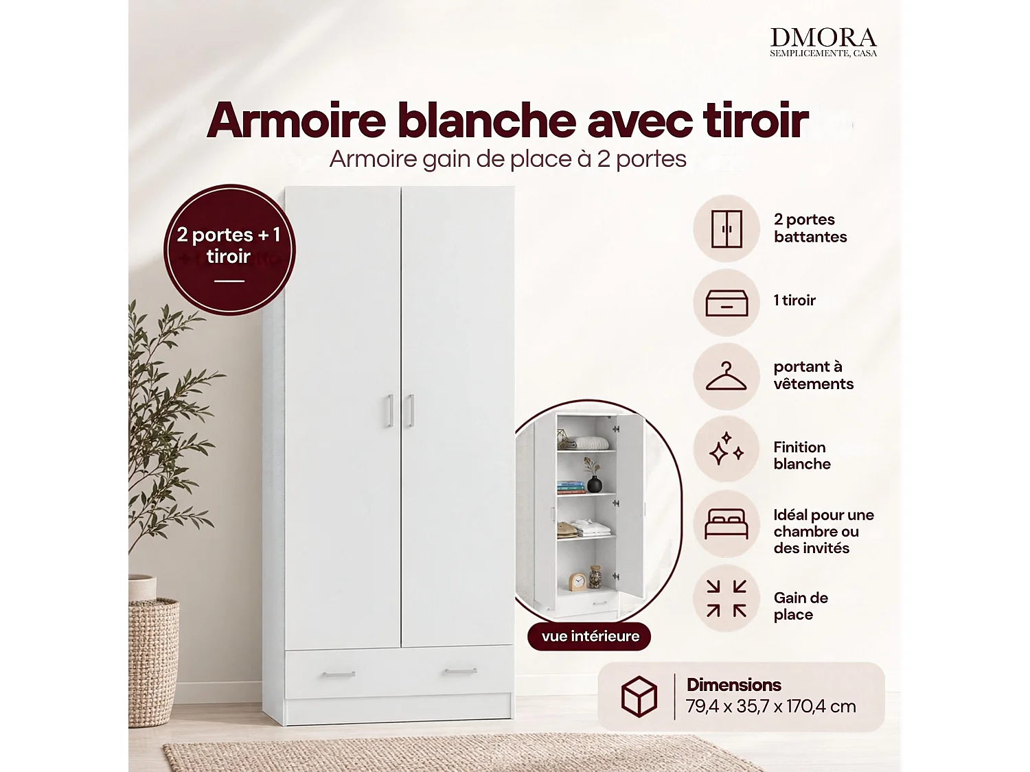 Garde-robe 2 portes Amylya, Meubles de chambre, Penderie de plain-pied, Placard à vêtements, 79x36 h170 cm, Blanc