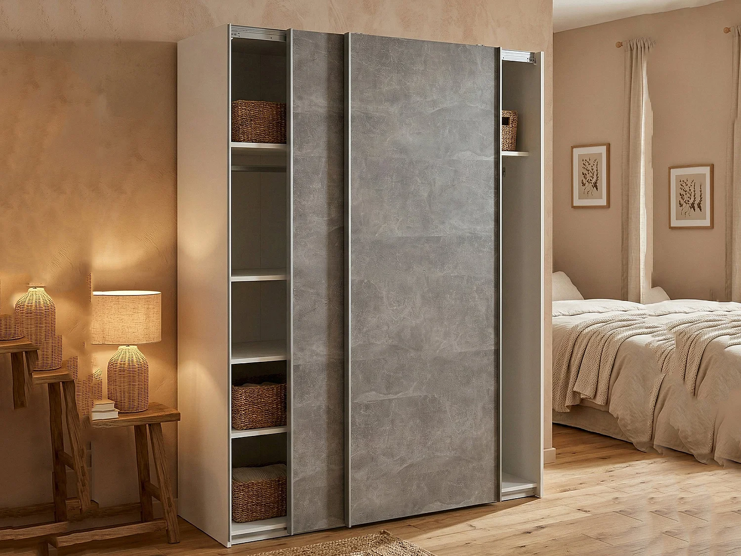 Garde-robe 2 portes Dstang, Meubles de chambre, Penderie de plain-pied, Placard à vêtements, 150x61 h200 cm, Blanc et gris