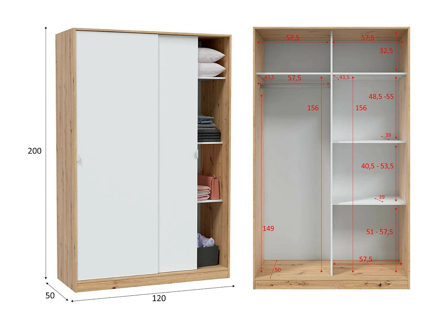 Armoire Dnoce, Armoire de chambre avec 2 portes coulissantes, Armoire avec 3 étagères et tringle à vêtements, 120x50h200 cm, Chêne et Blanc