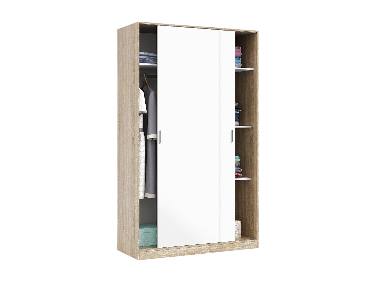 Armoire Dnoce, Armoire de chambre avec 2 portes coulissantes, Armoire avec 3 étagères et tringle à vêtements, 120x50h200 cm, Chêne et Blanc