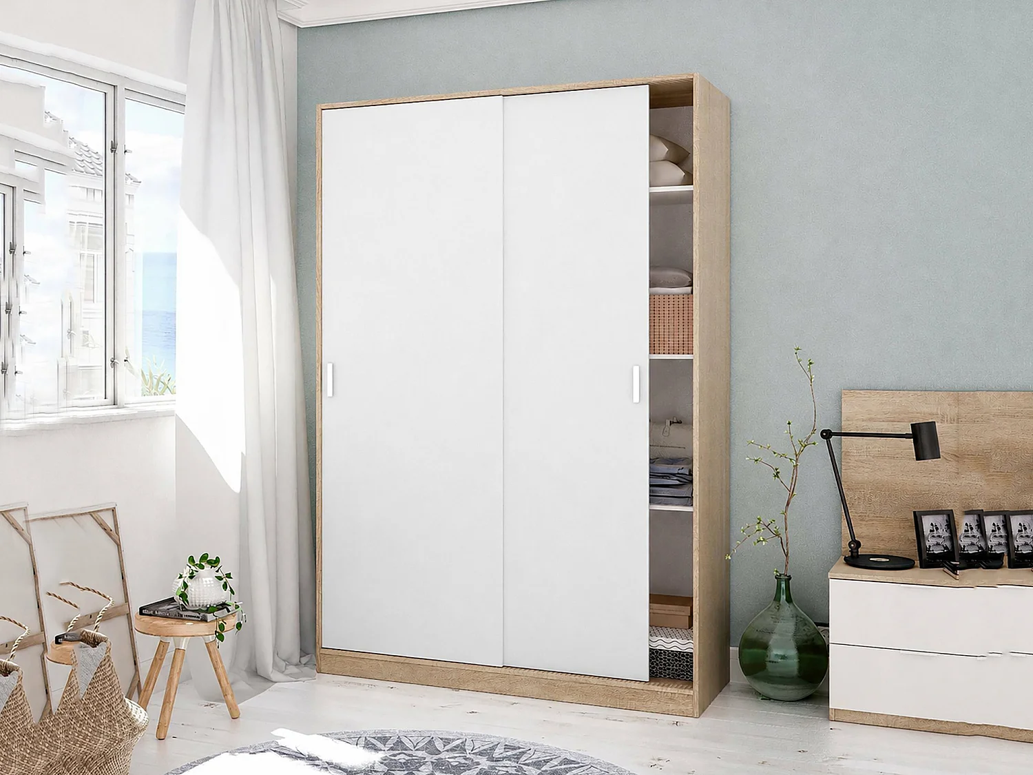 Armoire Dnoce, Armoire de chambre avec 2 portes coulissantes, Armoire avec 3 étagères et tringle à vêtements, 120x50h200 cm, Chêne et Blanc