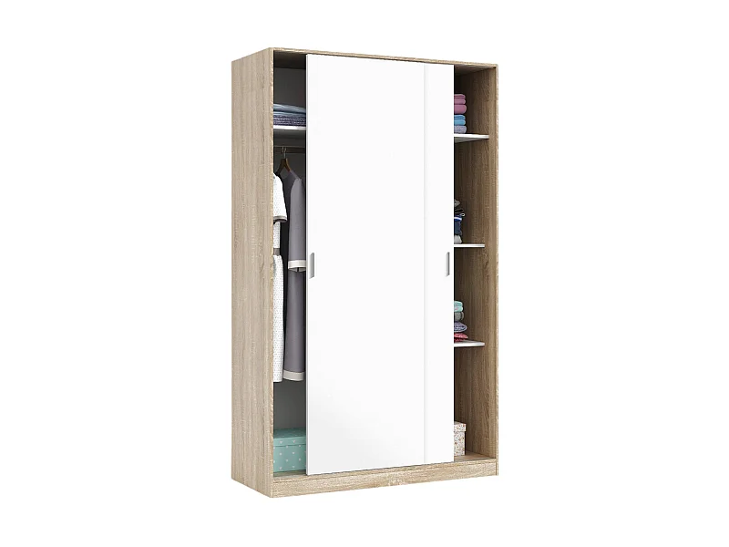 Dnoce kledingkast, Slaapkamerkast met 2 schuifdeuren, Kast met 3 planken en kledingroede, 120x50h200 cm, Eiken en Wit