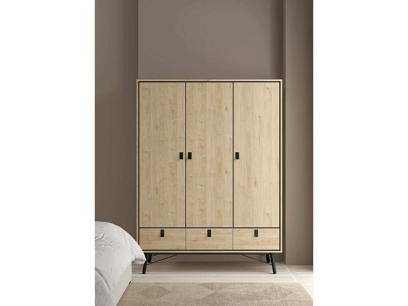 Garde-robe 3 portes Dverdell, Meubles de chambre, Penderie de plain-pied, Placard à vêtements, 150x60 h200 cm, Chêne clair