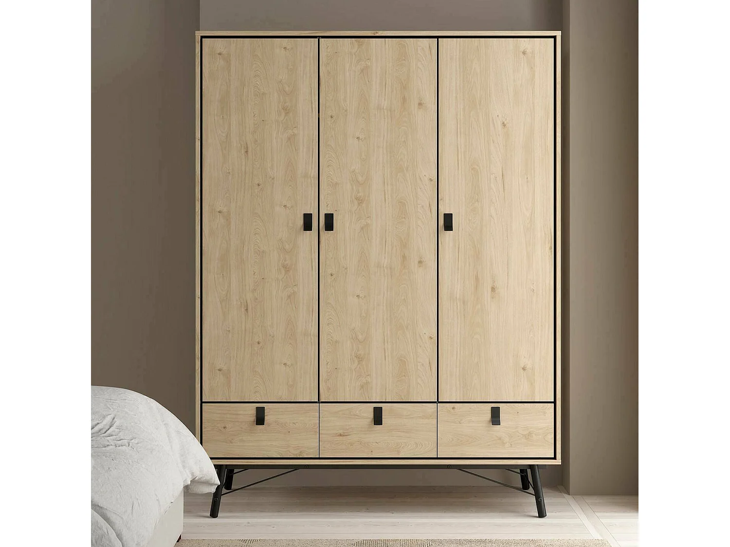 Garde-robe 3 portes Dverdell, Meubles de chambre, Penderie de plain-pied, Placard à vêtements, 150x60 h200 cm, Chêne clair