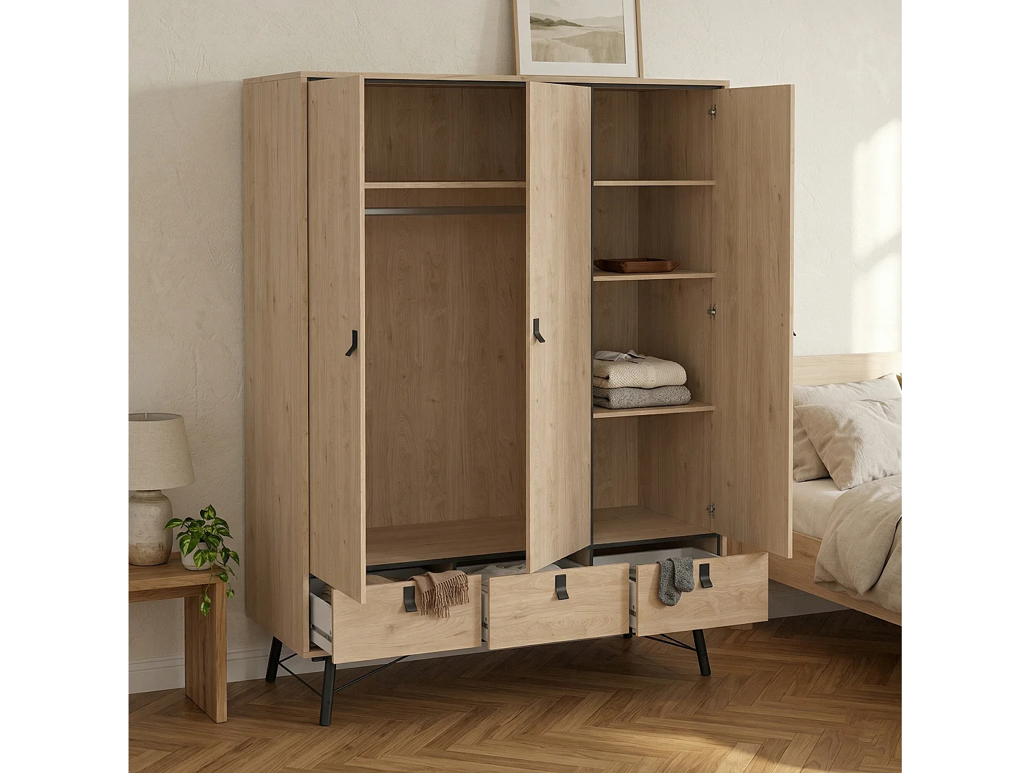 Garde-robe 3 portes Dverdell, Meubles de chambre, Penderie de plain-pied, Placard à vêtements, 150x60 h200 cm, Chêne clair