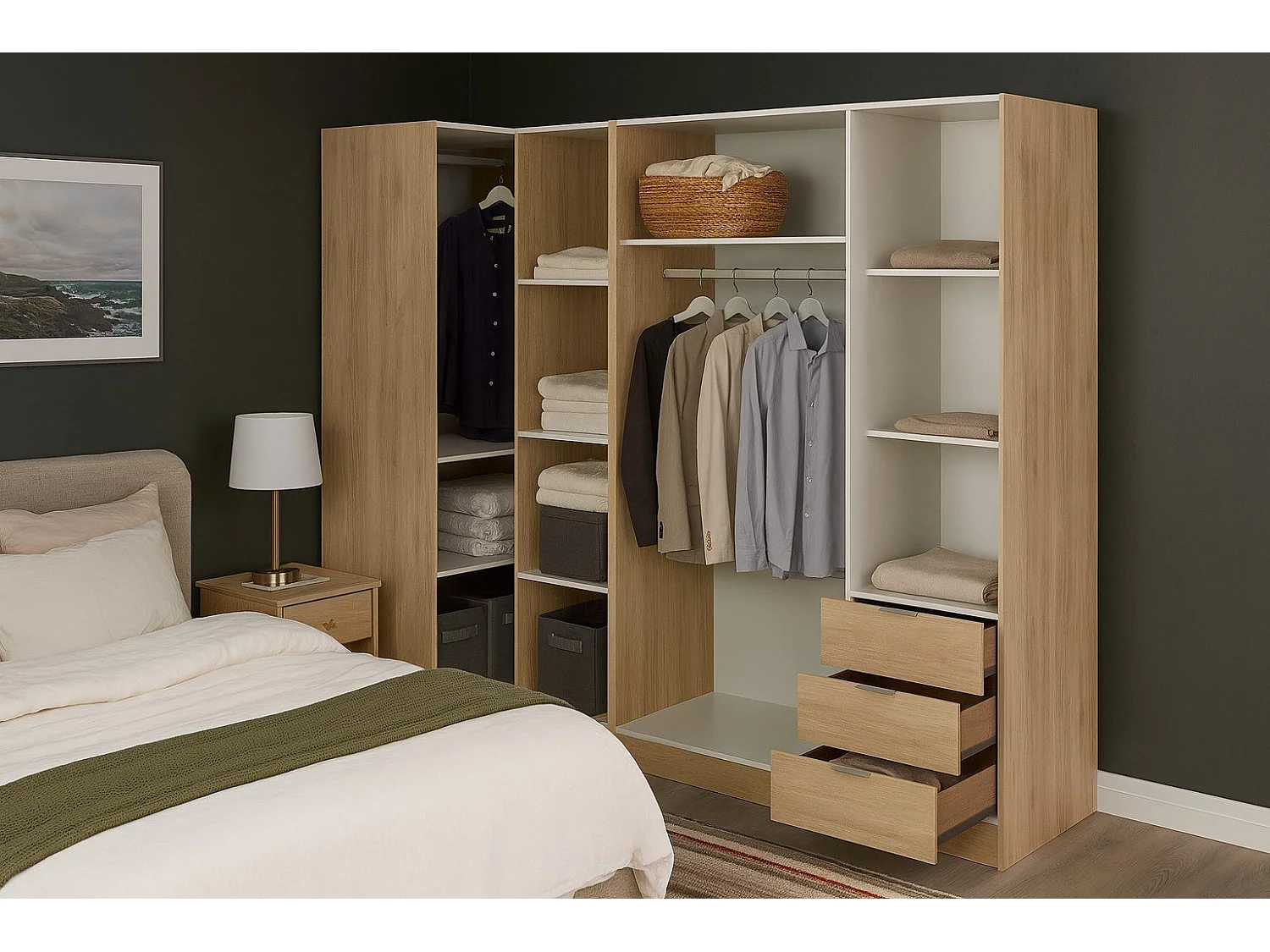 Kleiderschrank Succiso, Eckschrank für Schlafzimmer, Eckschrank mit 5 Flügeltüren, 214x91h184 cm, Eiche