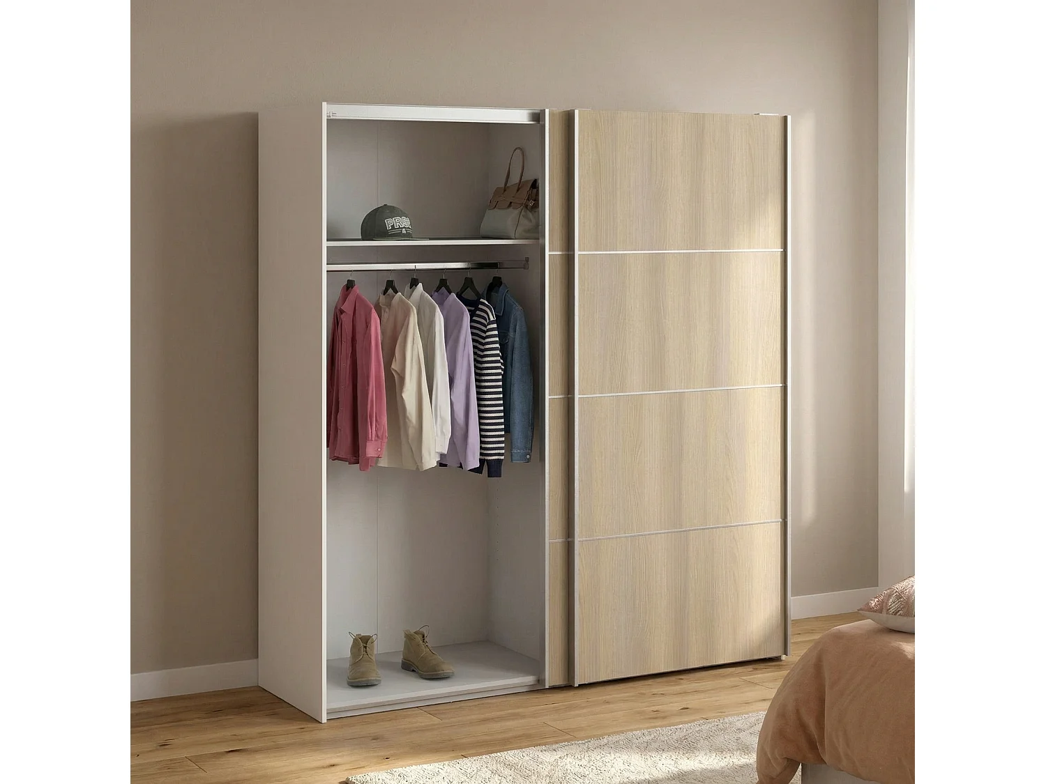 Garde-robe 2 portes Accadia, Meubles de chambre, Penderie de plain-pied, Placard à vêtements, 182x64 h202 cm, Chêne et Blanc