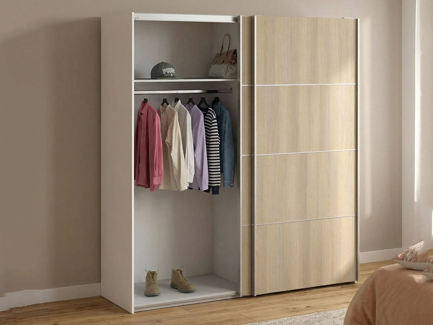 Garde-robe 2 portes Accadia, Meubles de chambre, Penderie de plain-pied, Placard à vêtements, 182x64 h202 cm, Chêne et Blanc