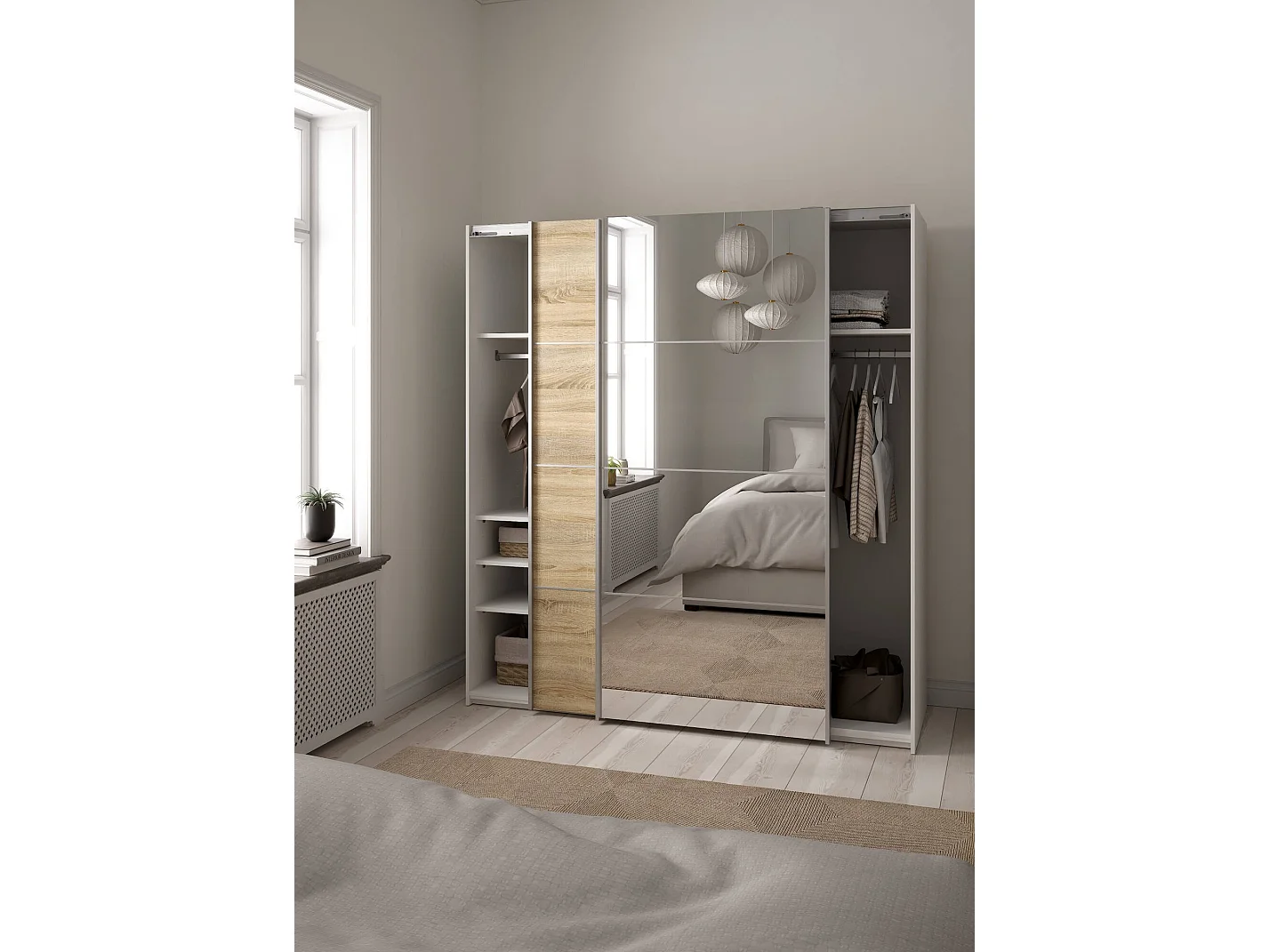 Garde-robe 2 portes Cerreto, Meubles de chambre, Penderie de plain-pied, Placard à vêtements, 182x64 h202 cm, Chêne et Blanc