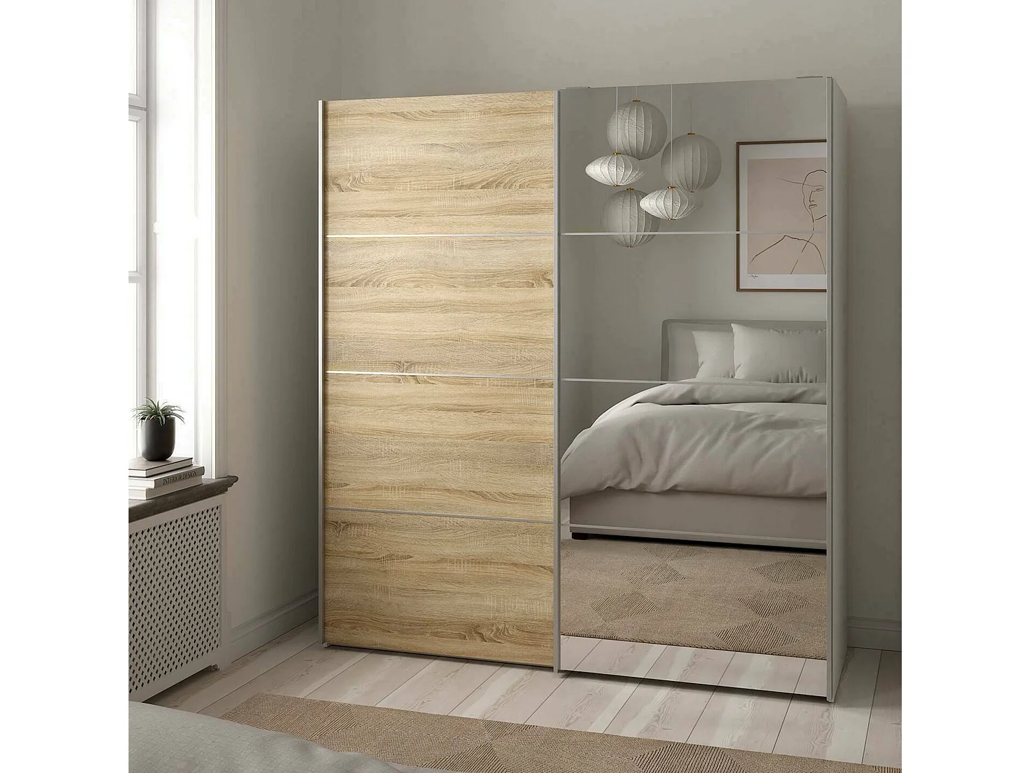 Garde-robe 2 portes Cerreto, Meubles de chambre, Penderie de plain-pied, Placard à vêtements, 182x64 h202 cm, Chêne et Blanc