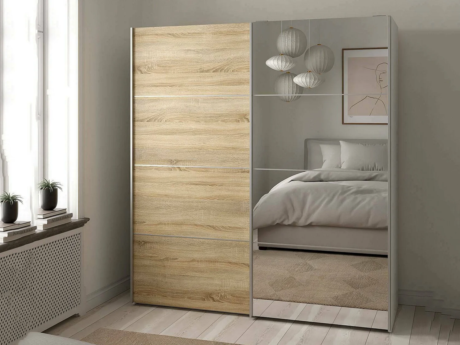 Garde-robe 2 portes Cerreto, Meubles de chambre, Penderie de plain-pied, Placard à vêtements, 182x64 h202 cm, Chêne et Blanc
