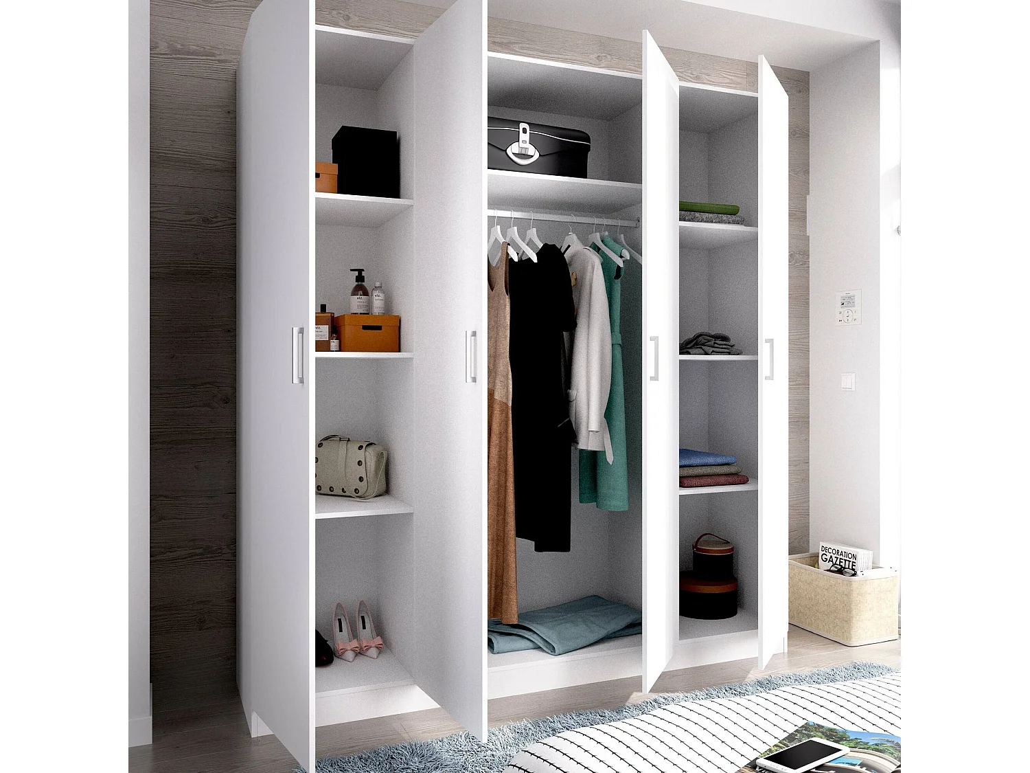 Kleiderschrank Danna, Garderobe für Schlafzimmer, Kleiderschrank mit 4 Flügeltüren, 200x52h215 cm, WeiÃŸ