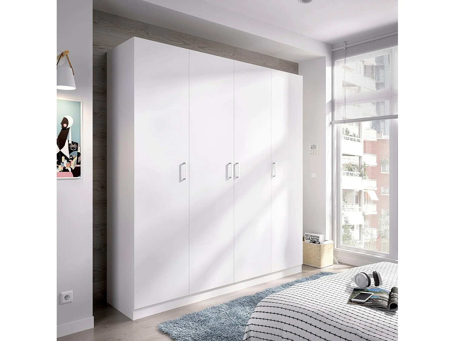 Kleiderschrank Danna, Garderobe für Schlafzimmer, Kleiderschrank mit 4 Flügeltüren, 200x52h215 cm, WeiÃŸ