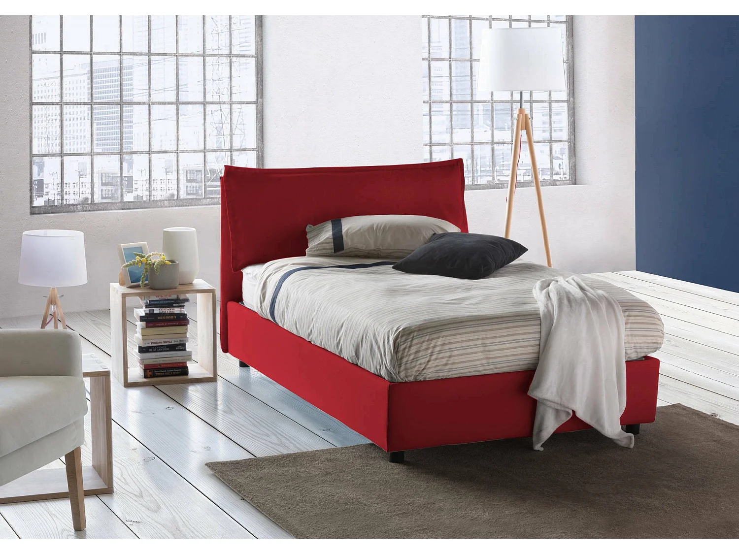 Lit double Dbegi, Lit coffre avec revêtement en tissu, 100% Made in Italy, Ouverture frontale, adapté pour matelas 120x200 cm, Rouge