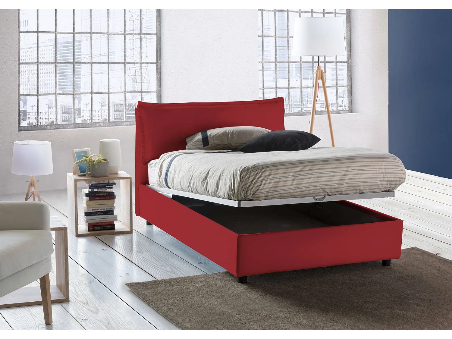Lit double Dbegi, Lit coffre avec revêtement en tissu, 100% Made in Italy, Ouverture frontale, adapté pour matelas 120x200 cm, Rouge